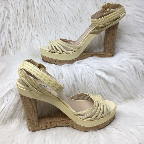 PRADA Yellow Cream Patent Platform Cork Cut Out Wedge Strappy Sandals READ 37.5 - Picture 1 of 16